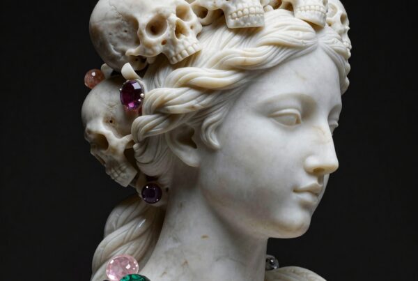 Detailed marble sculpture with skulls, gems, and braided hair.