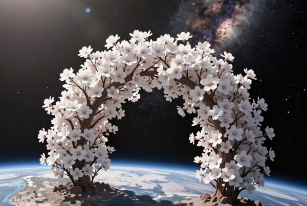 White floral arch over Earth with starry cosmos background.