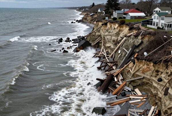 Coastal erosion threatening homes near shoreline.