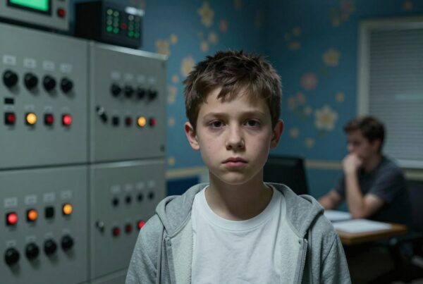 A young boy stands in a control room while a man in the background is focused on paperwork.