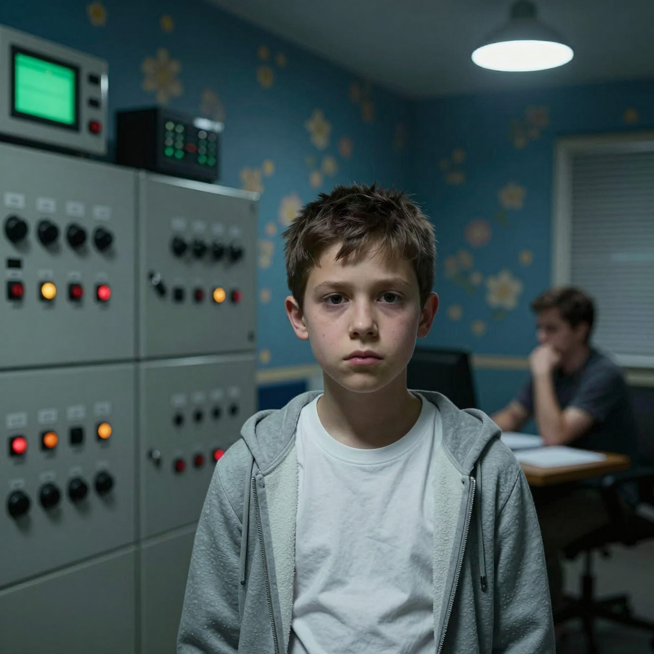 Serious boy in control room