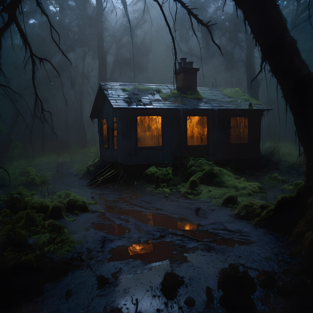 Misty Forest Cabin with Warm Interior Lighting