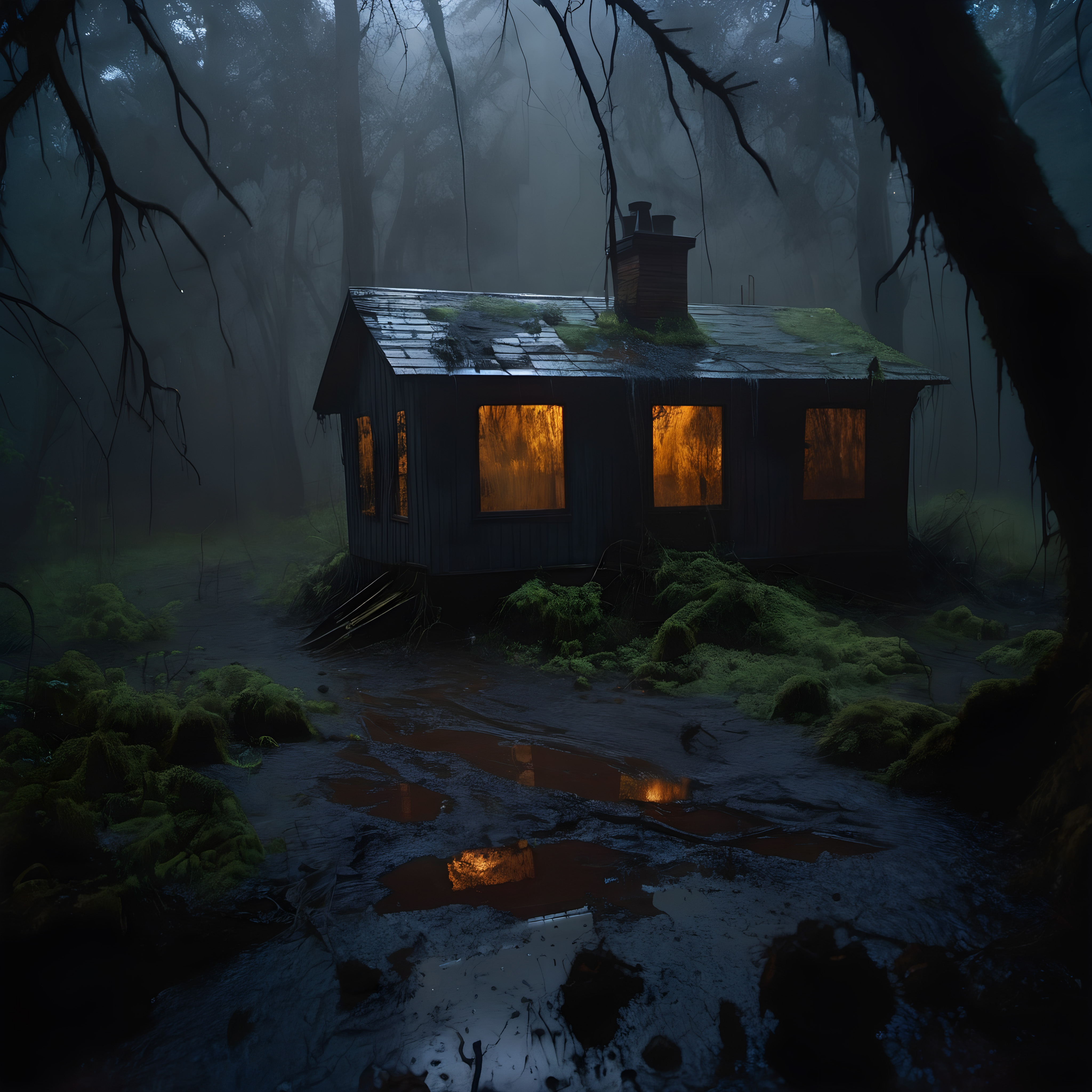 Misty Forest Cabin with Spooky Interior Lighting