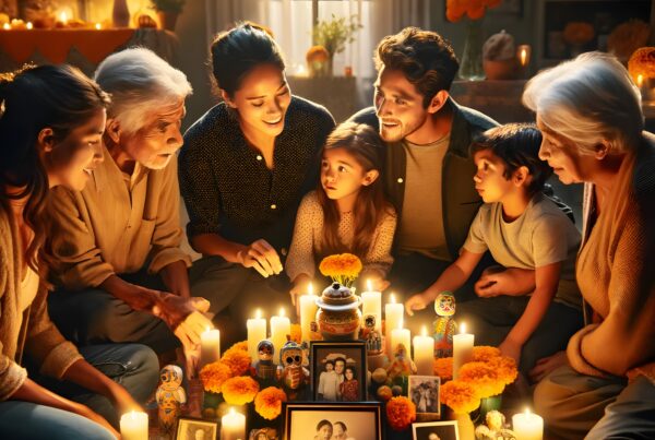 Multi-generational family gathers during Dia De Los Muertos honoring ancestors with candles, photos, and marigold flowers