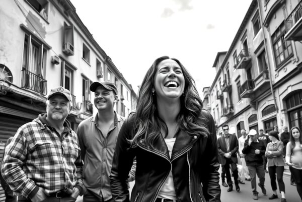 Three people laughing on street.