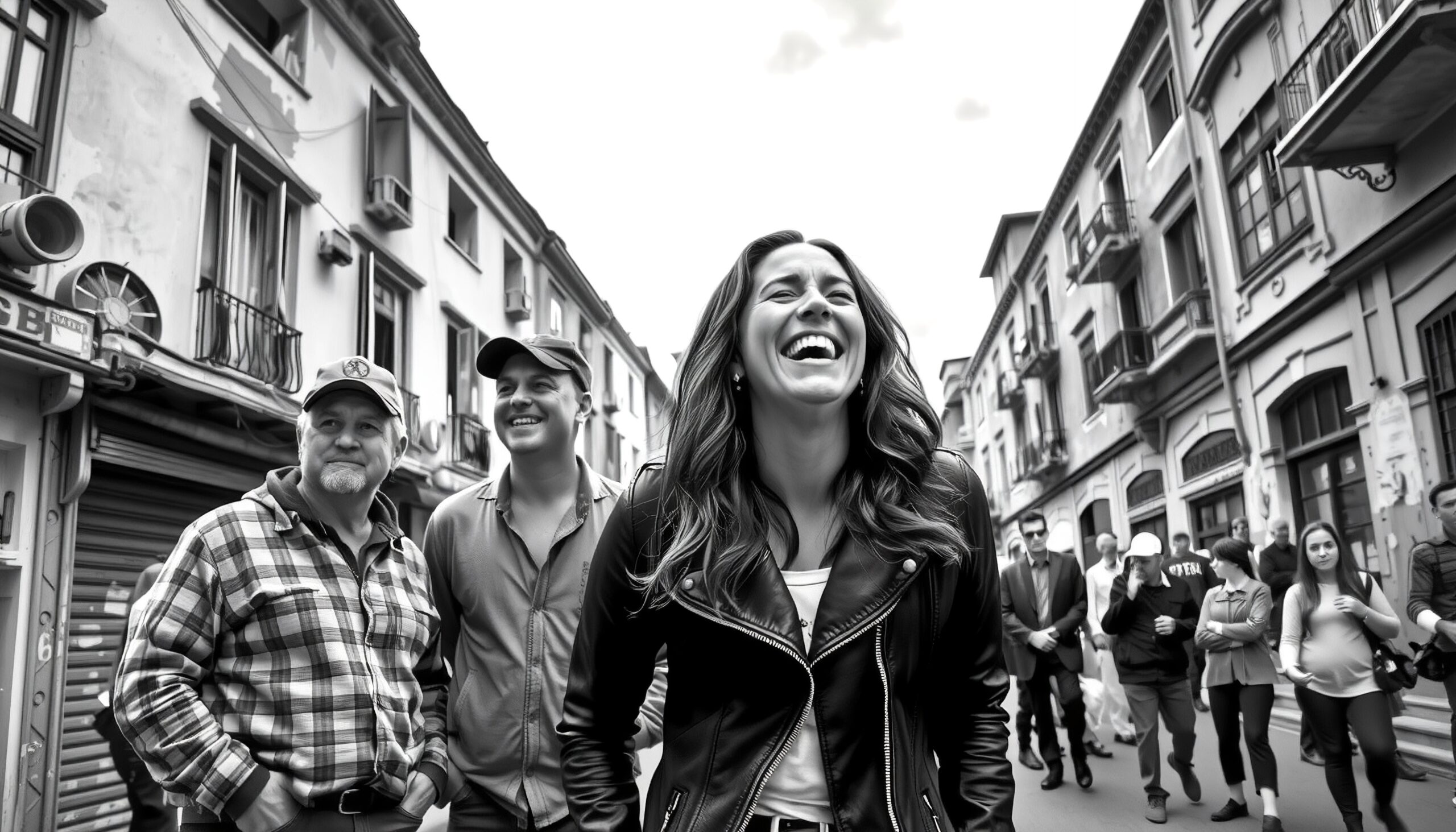 Three friends laughing on street