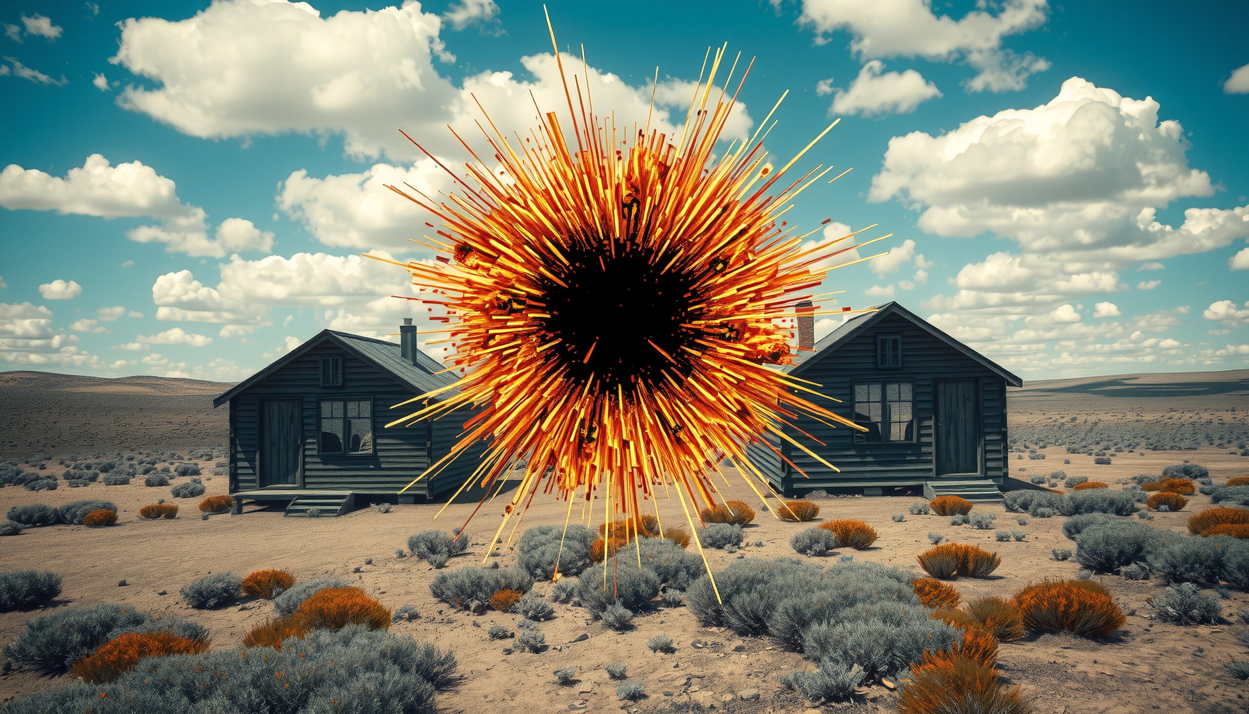 Explosion over Deserted Wooden Cabins