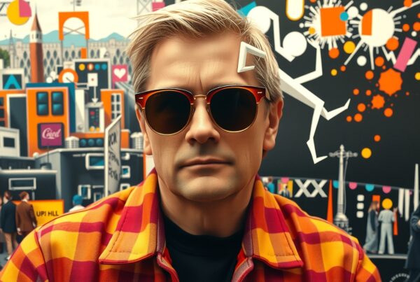 Portrait of a stylish man against a colorful urban mural, wearing sunglasses and a checkered shirt.