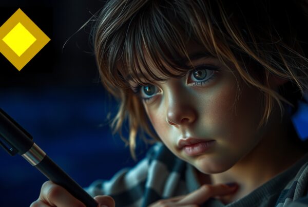 A young child gazes intently at a pen, with expressive eyes and tousled hair, set against a deep blue background with a yellow diamond logo.