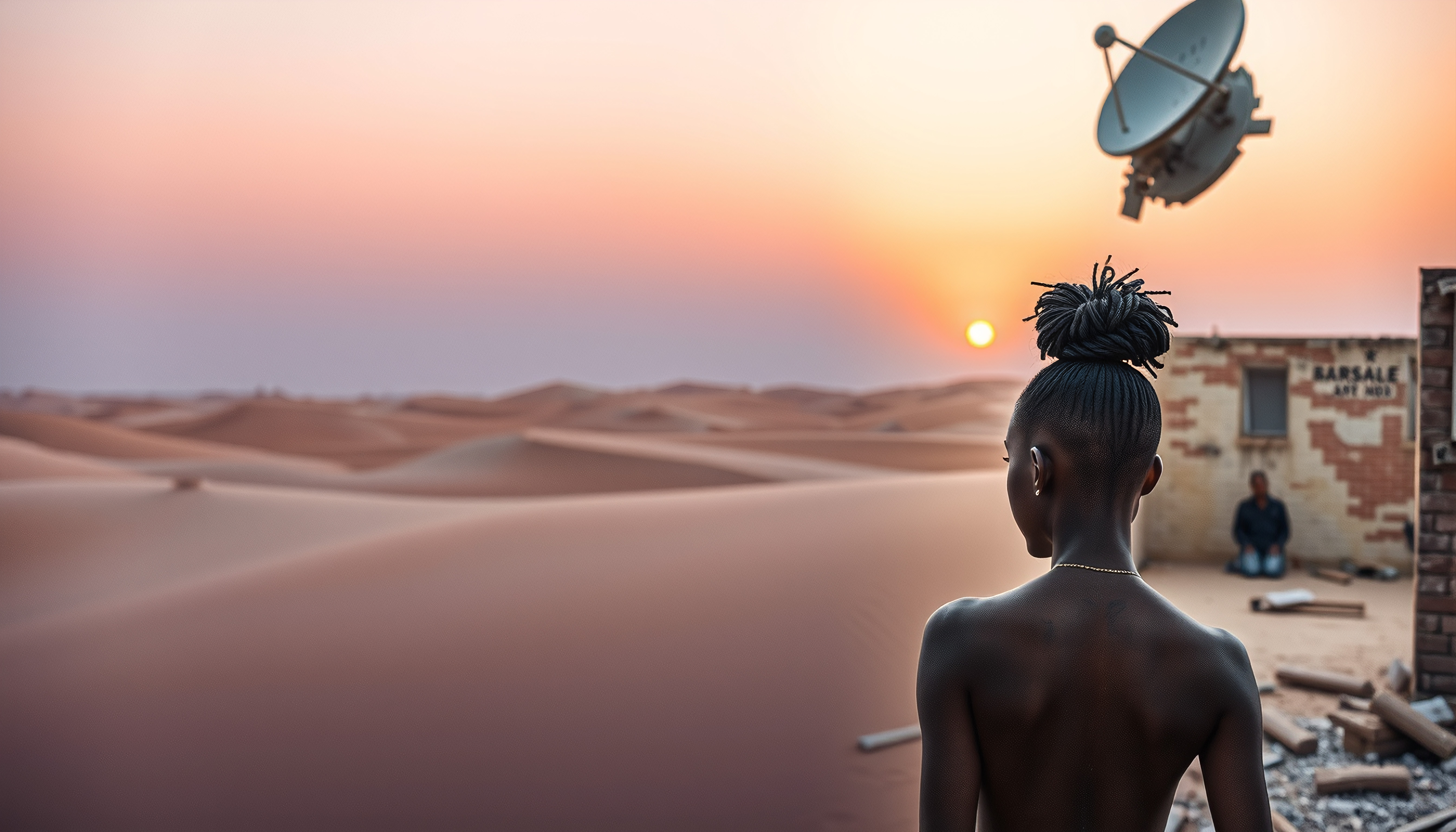 Desert Sunset with Person and Satellite Dish