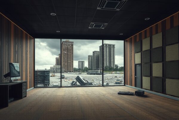 Interior of office overlooking urban decay.