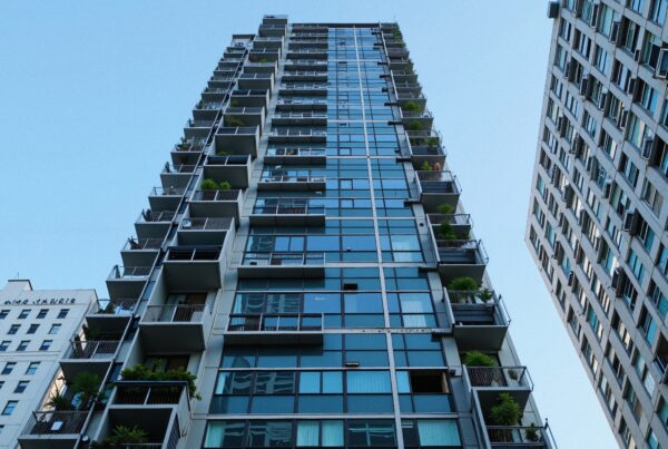 Urban skyscrapers with blue sky.