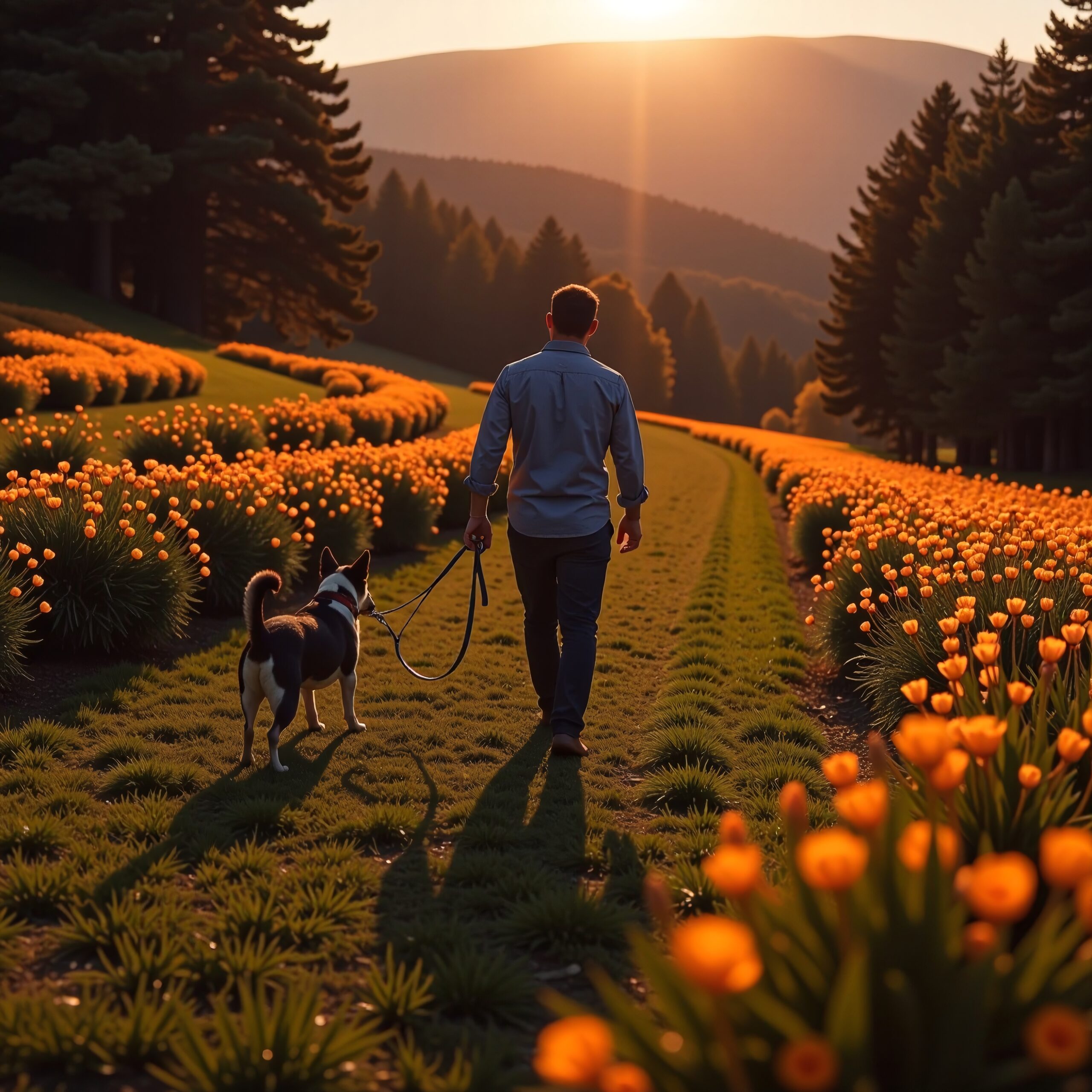 Sunset Walk Among Orange Flowers