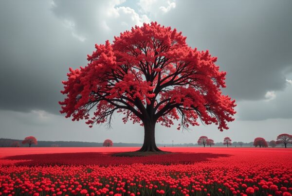 A vibrant red-leaved tree in a tulip field under cloudy skies.