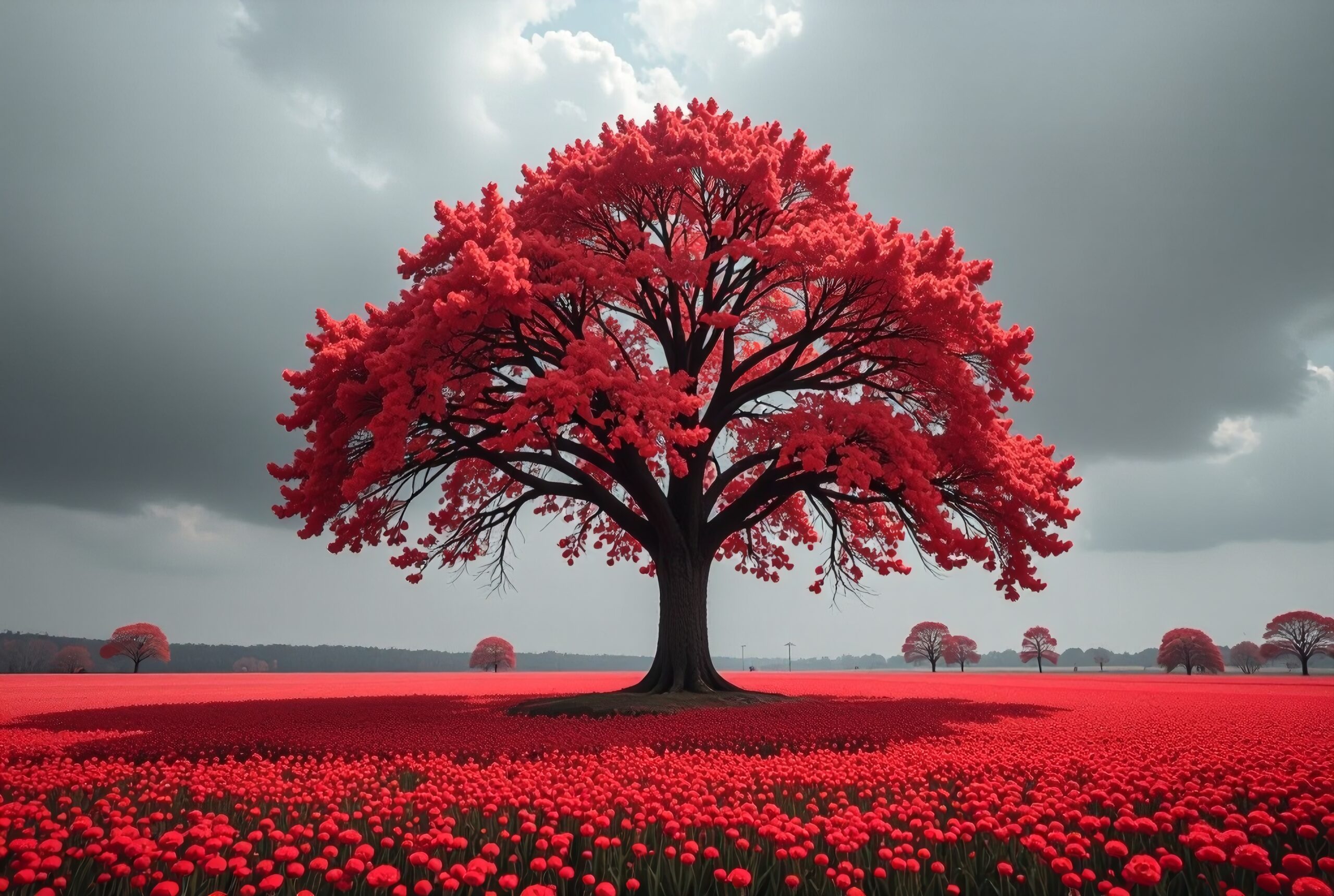 Vivid Red Landscape with Tree
