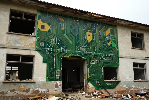 A building with a facade featuring a circuit board design amidst ruins.