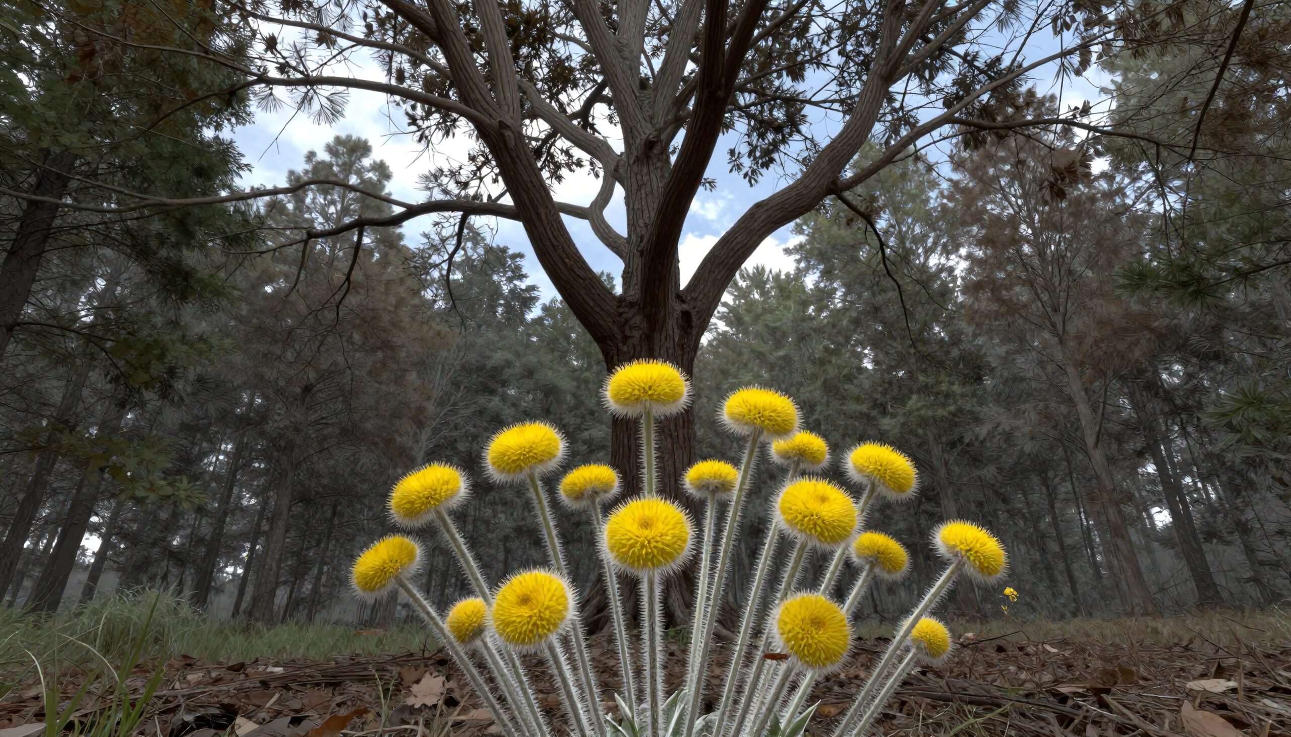 Yellow Flowers in Forest Scene