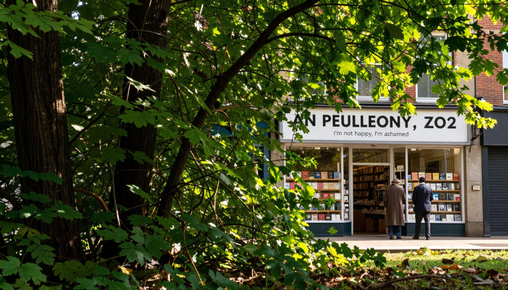 Bookstore on a Sunny Day, Framed by Lush Green Foliage