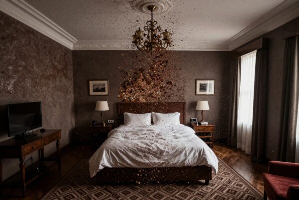Luxurious hotel room with a mysterious explosion of dust adding intrigue.