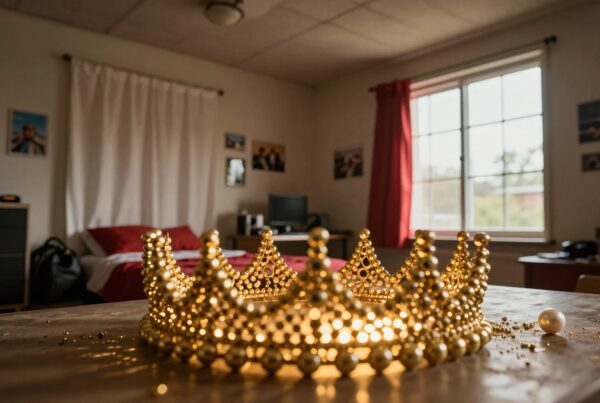 Golden crown with beads on a wooden table in sunlit room.