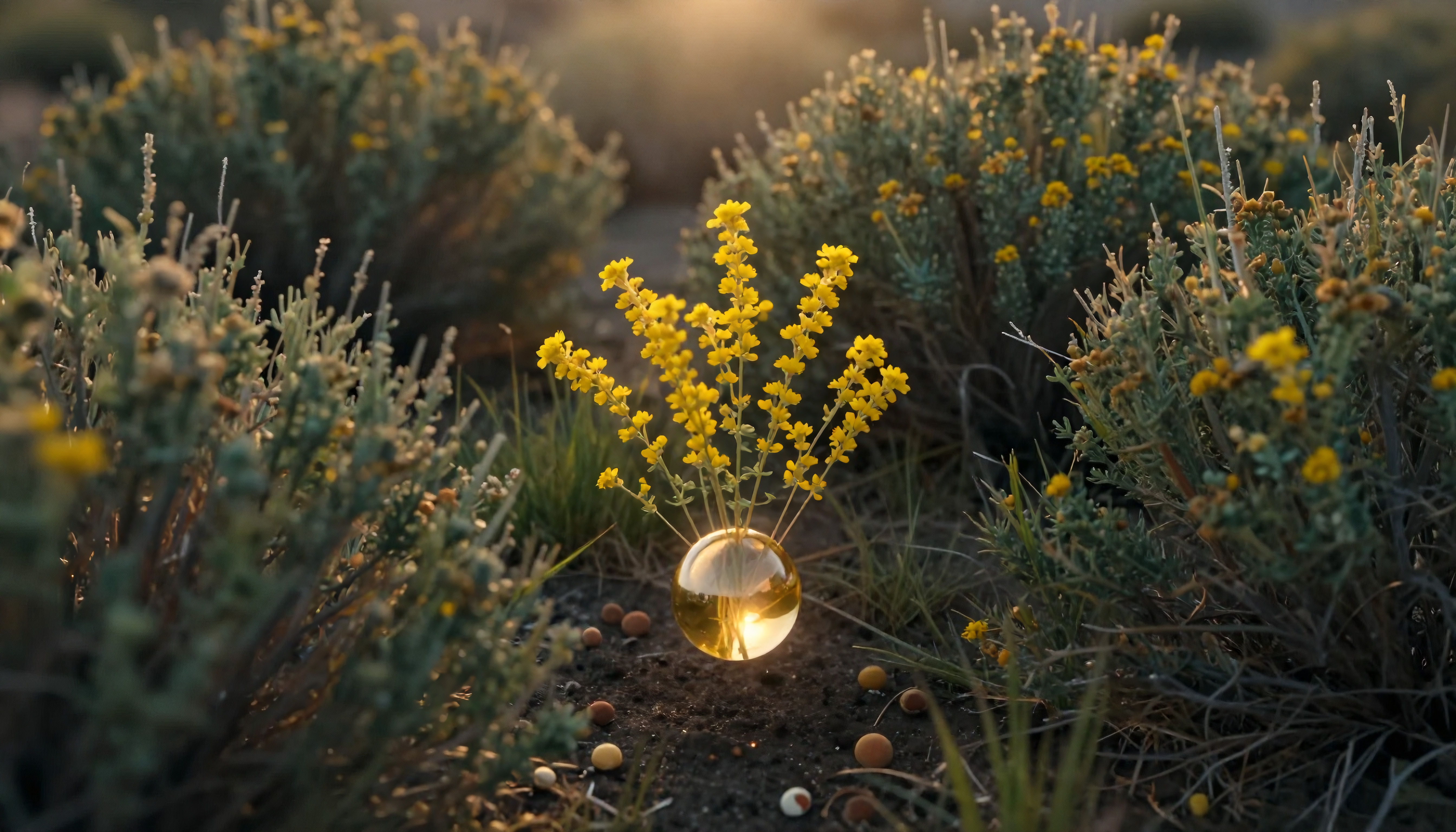 Glass Sphere with Yellow Flowers in Wildflower Field