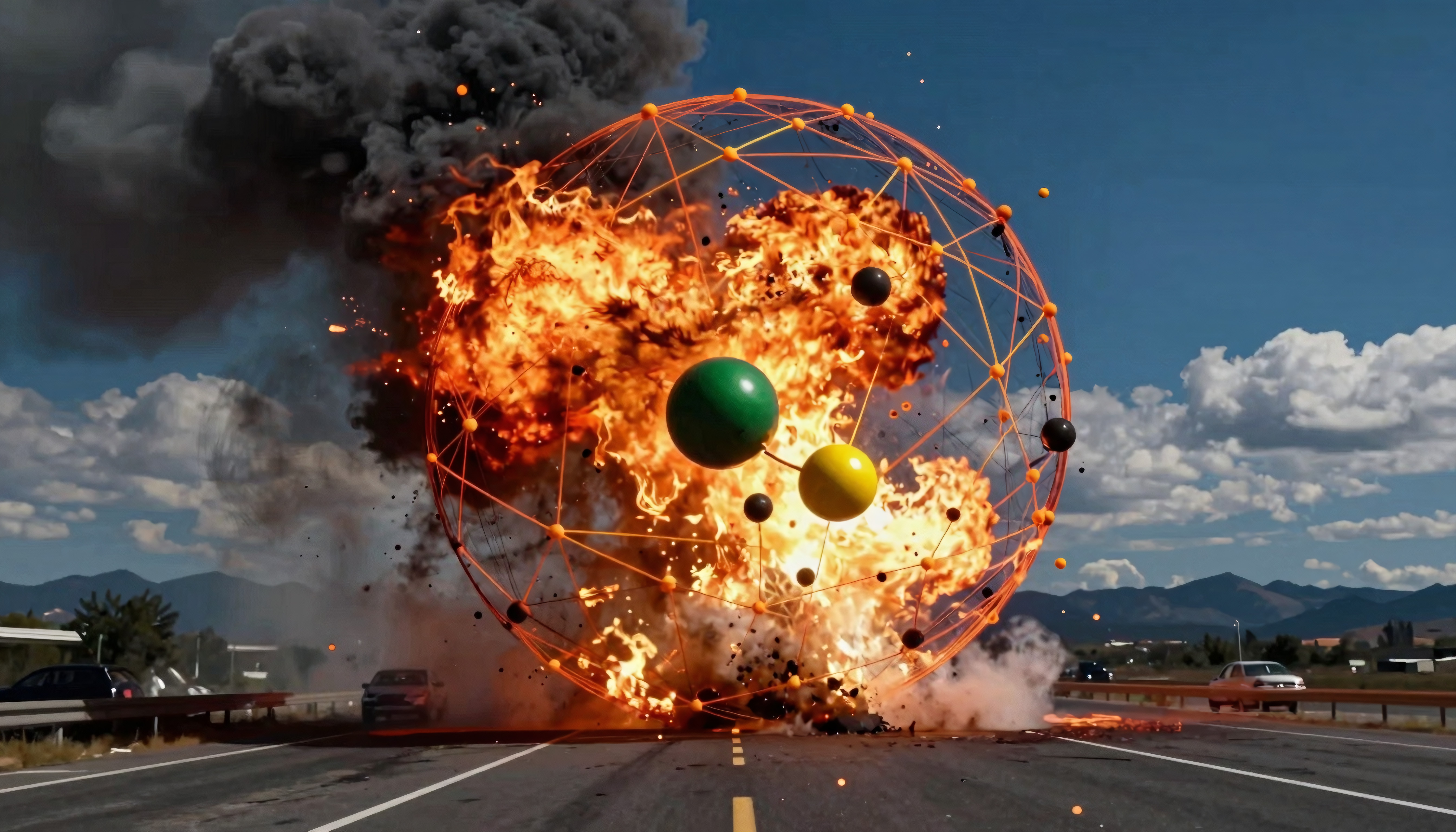 Spherical Wireframe Explosion on Highway