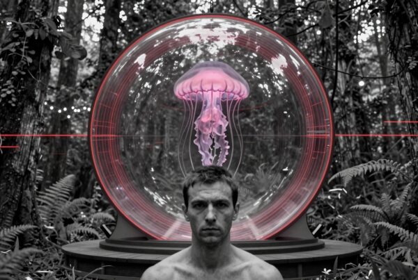 A man stands before a futuristic sphere containing a glowing jellyfish in a forest setting.