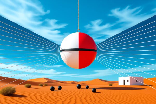 Floating sphere in desert landscape with geometric patterns, bright colors, and a minimalist architectural element.