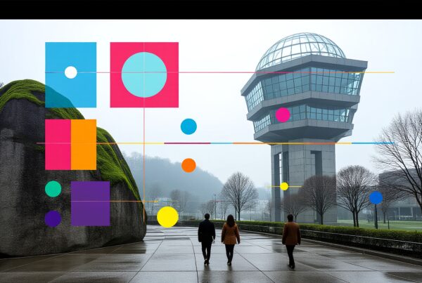 A modern cityscape with futuristic architecture, colorful geometric designs, and people walking.