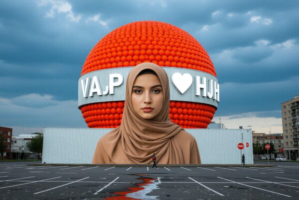 A large mural covers a building under a cloudy sky.