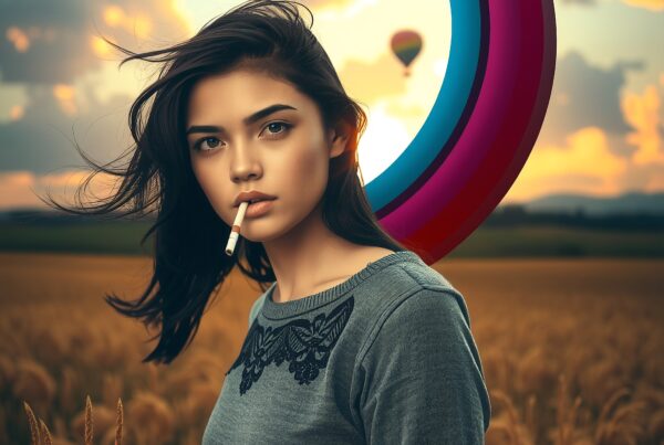 A young woman stands in a wheat field at sunset with a colorful crescent graphic behind her, holding a contemplative gaze.