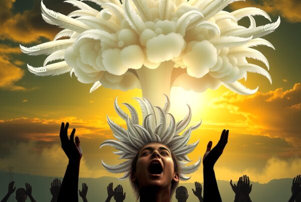 Surreal image of a person beneath a feathered explosion cloud with silhouettes in awe.