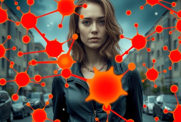 A young woman with a serious expression stands in an urban street, surrounded by a network of vivid red nodes, creating a blend of digital and real-world elements in the image.