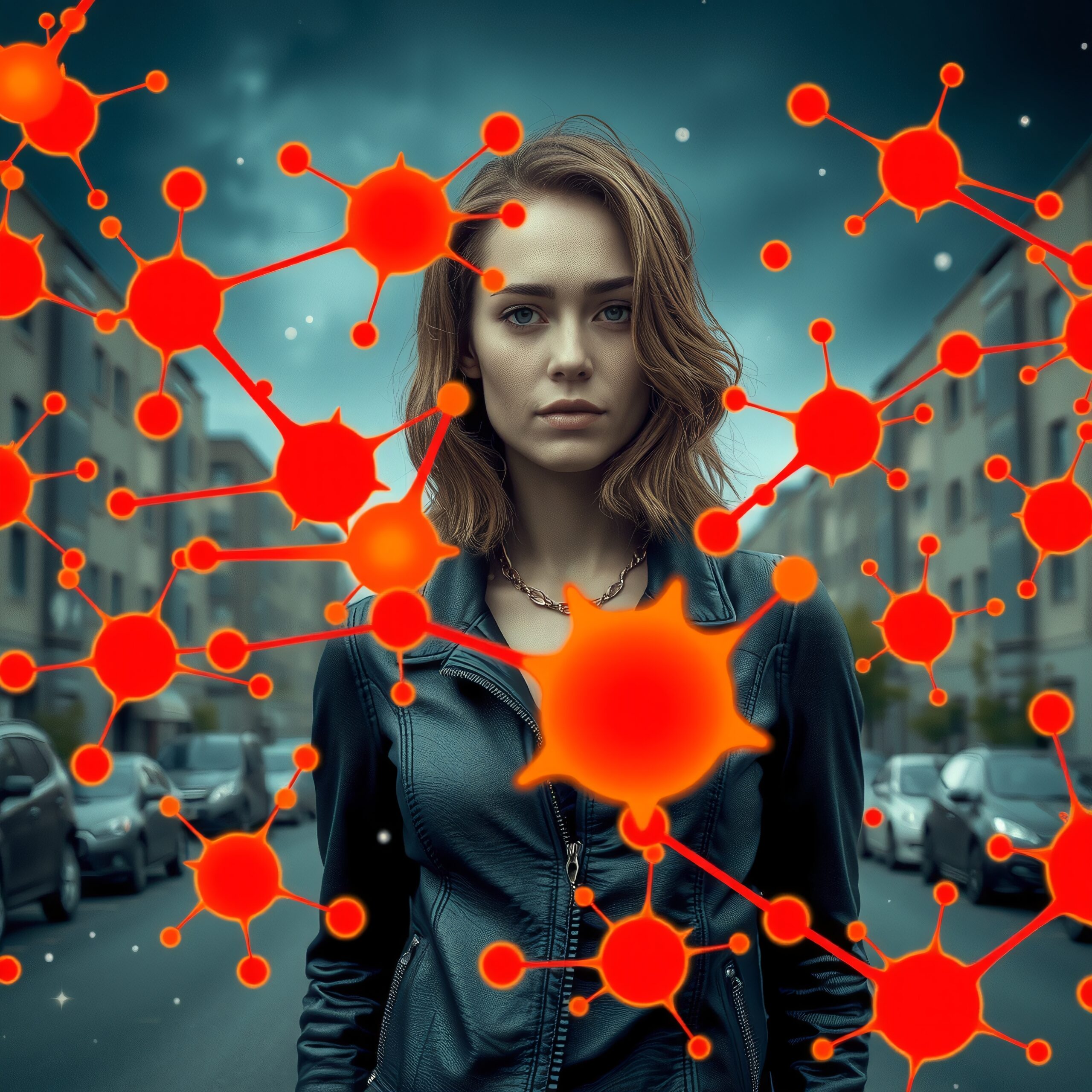 Woman Amidst Digital Network Virus