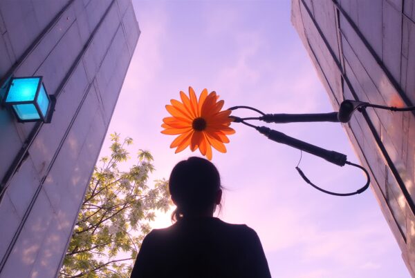 Silhouetted person beneath giant flower.