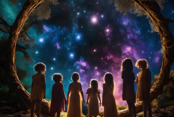 Children silhouetted beneath cosmic starscape.