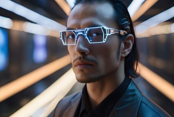 Modern man wearing futuristic neon glasses in a dimly lit, high-tech corridor.