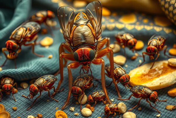 A group of detailed, surreal insects gather over seeds and nuts on a textured blue fabric background.