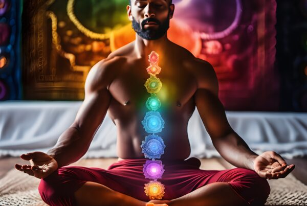A man meditates with chakras aligned, symbolizing spiritual balance and harmony.
