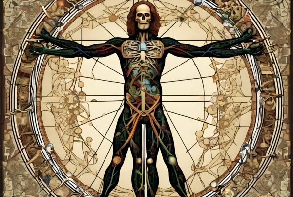 A mechanical, artistic reinterpretation of the Vitruvian Man combining anatomy and machinery with intricate detail.