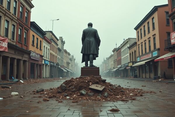 Statue on an empty street lined with colorful buildings and debris, shrouded in fog.