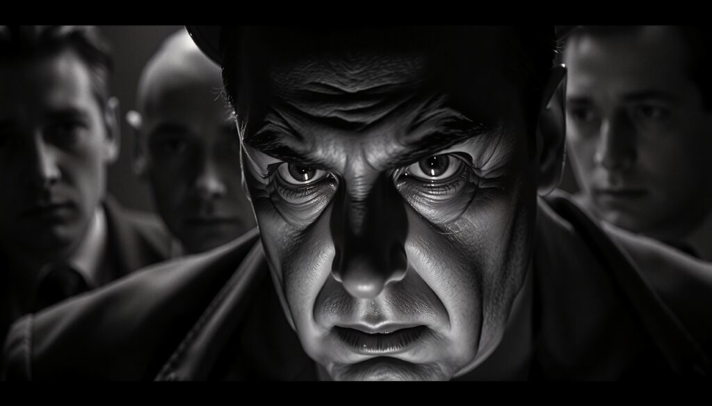 Dramatic Black-and-White Portrait of a Man with Background Figur