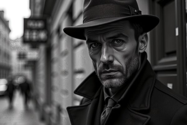 A man in a fedora and trench coat stands against a blurred city street backdrop, evoking a noir-themed atmosphere.