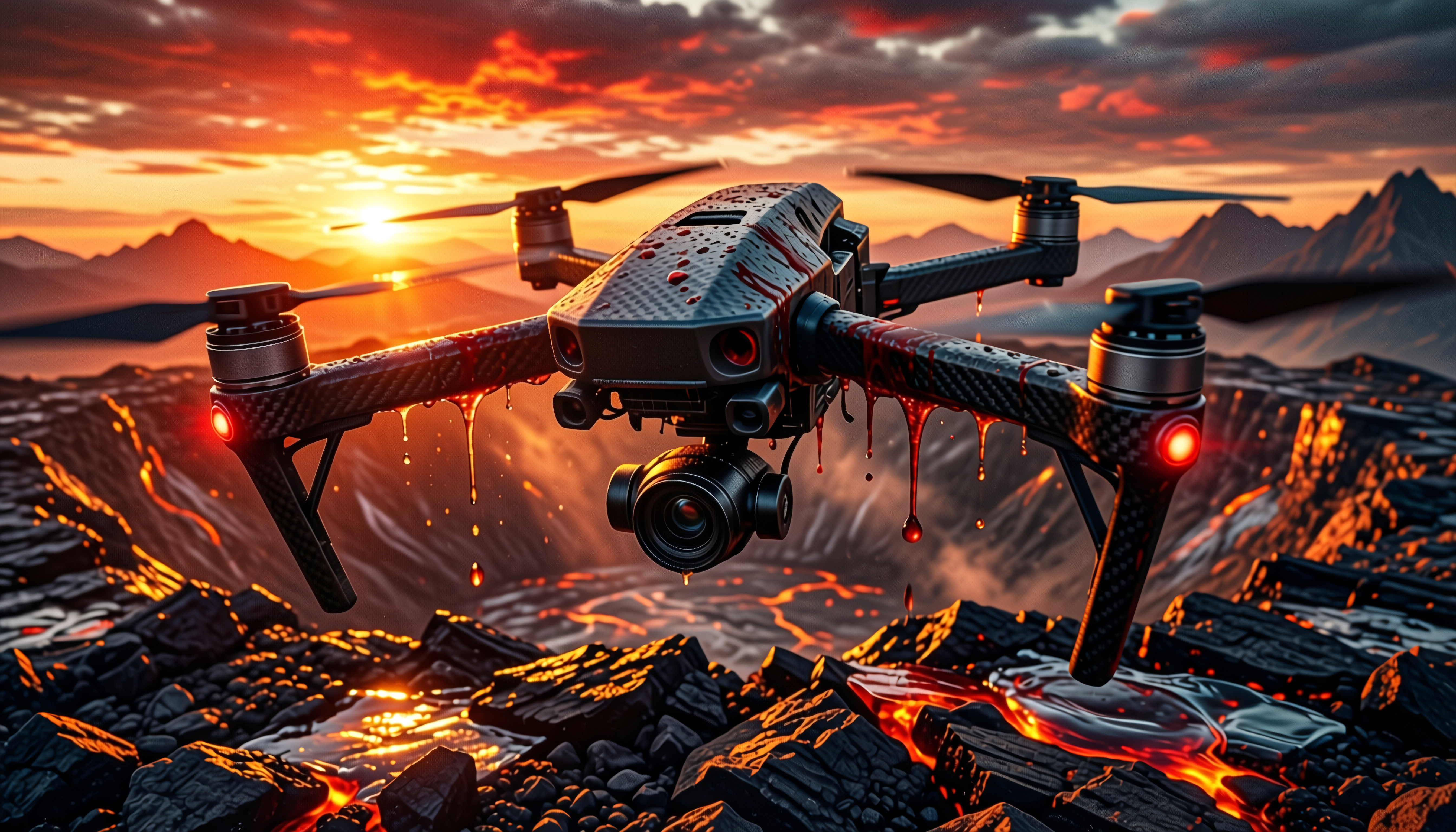Drone Hovering Over Volcanic Lava Field