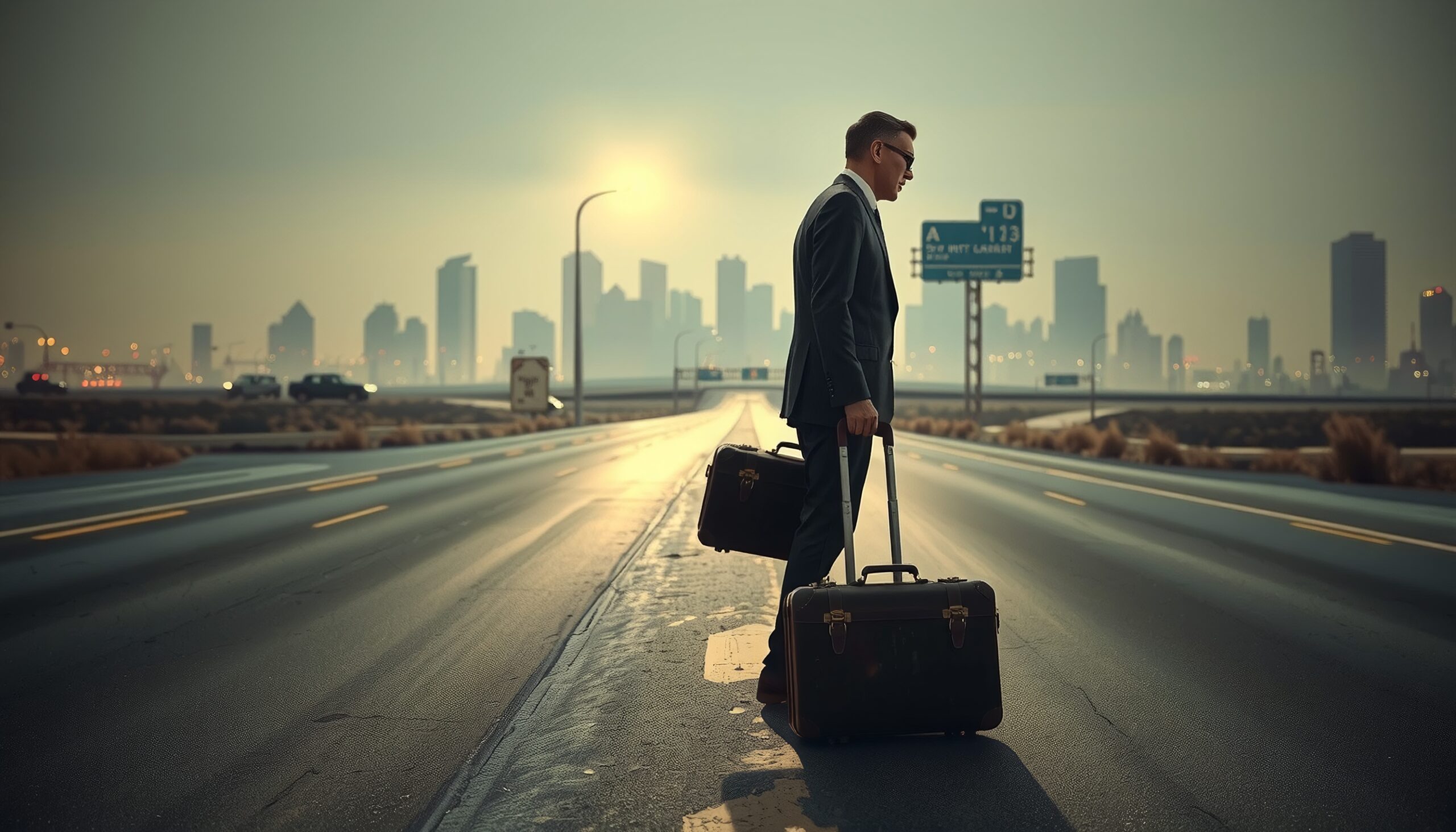 Businessman on sunset highway journey