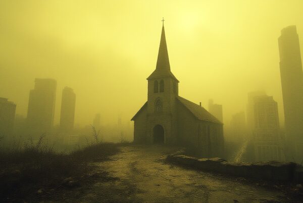 A solitary church silhouetted against a foggy cityscape, shrouded in a mysterious yellow light.