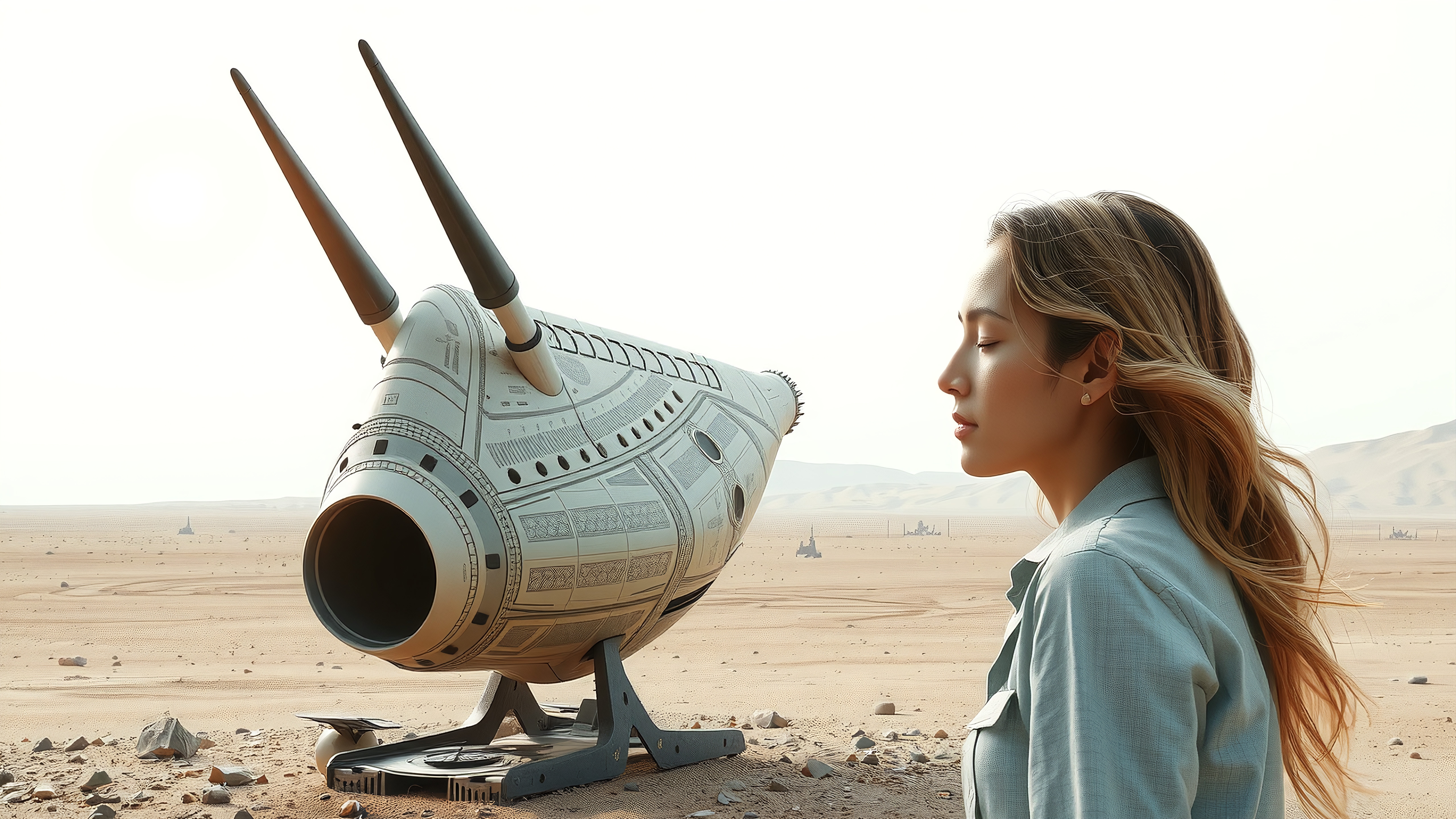 Woman Contemplating a Futuristic Spacecraft