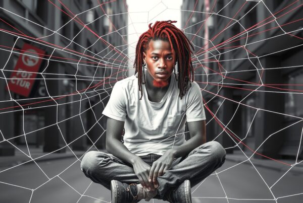 Portrait of a young man sitting in a web-like structure on an urban street.