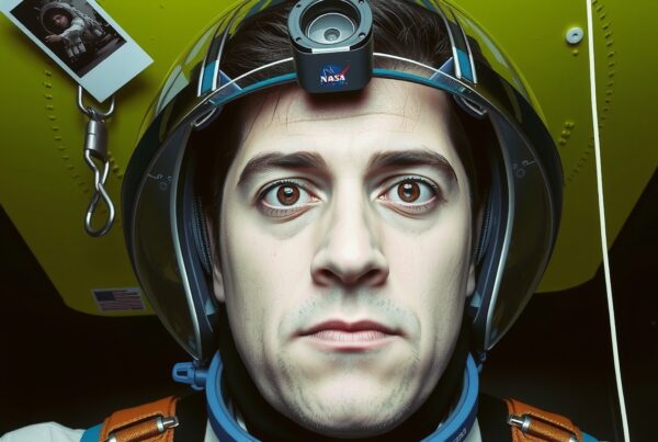 A close-up of a man in a NASA-branded space helmet with a Polaroid photo in the background.