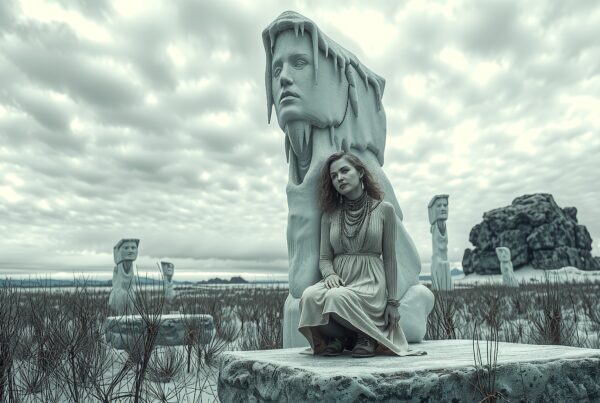 A woman in a serene landscape surrounded by enigmatic stone sculptures under an overcast sky.
